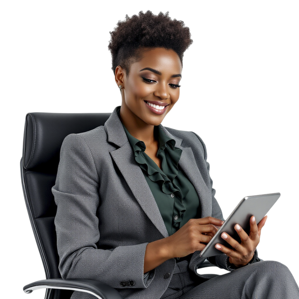 A smiling african american woman in a business suit using a tablet png