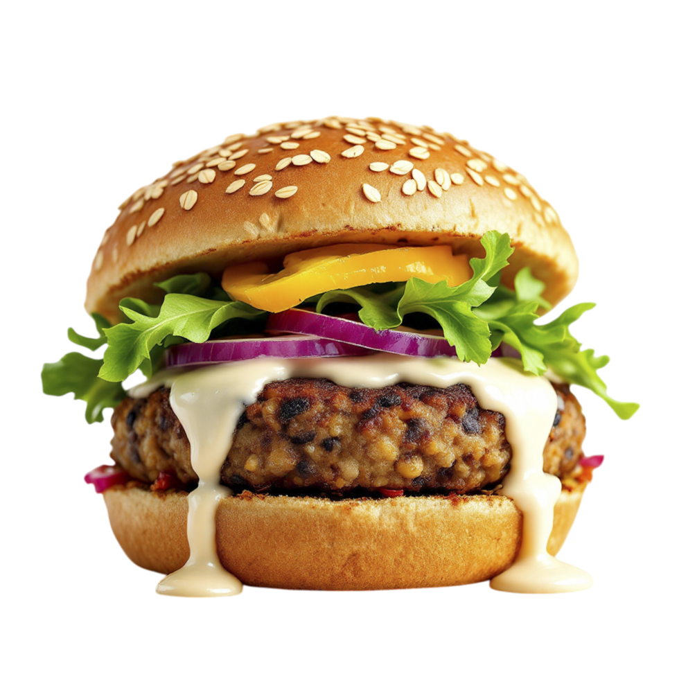 A hamburger with cheese and vegetables on a black background png