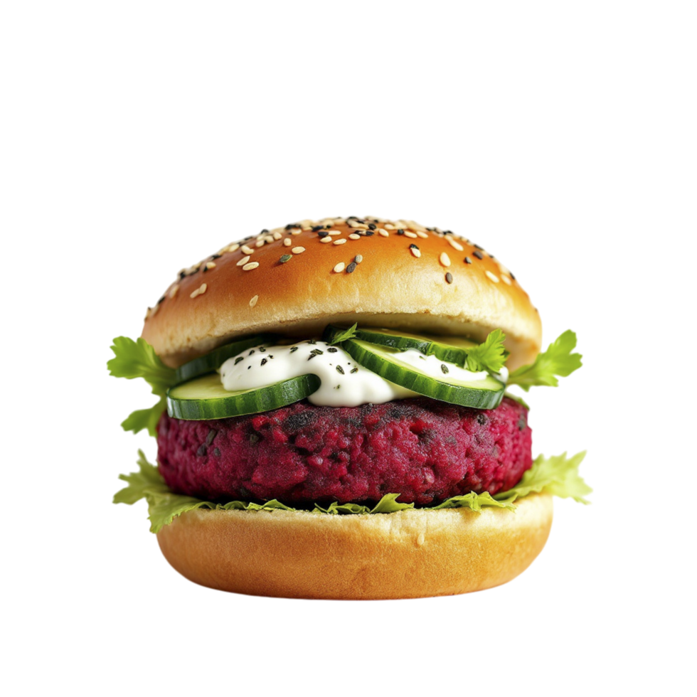 Beetroot burger with cucumber and cream on a black background png