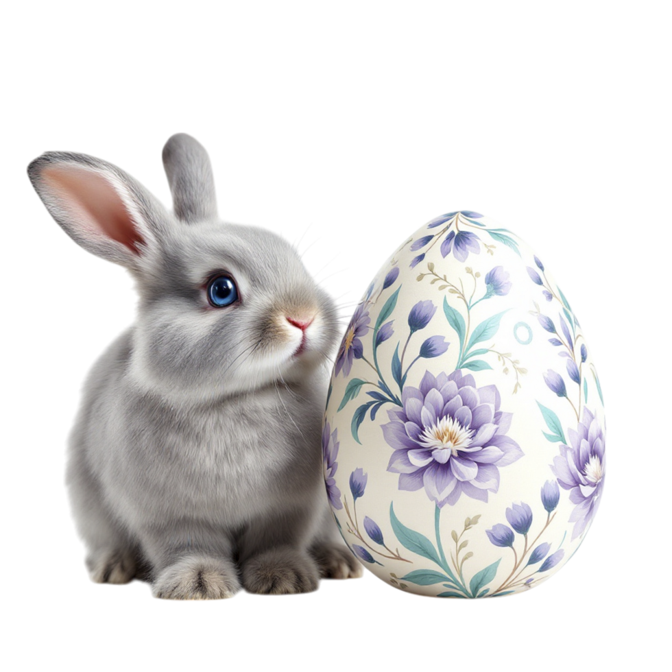 A small gray rabbit is next to a large white egg png