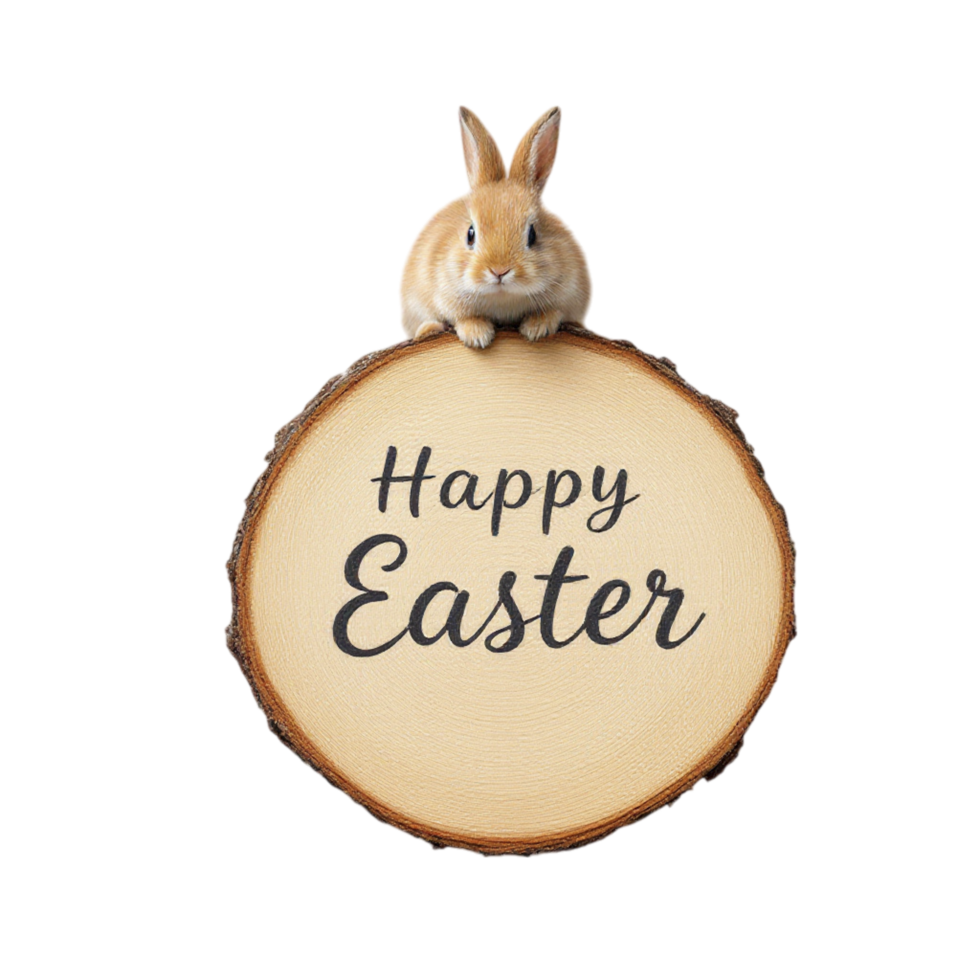 Happy easter rabbit on a slice of wood png