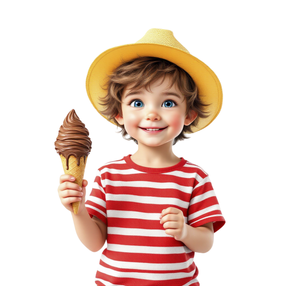 A little boy in a yellow hat holding an ice cream cone png