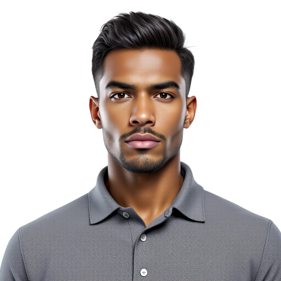 A man in a gray shirt with a black background png