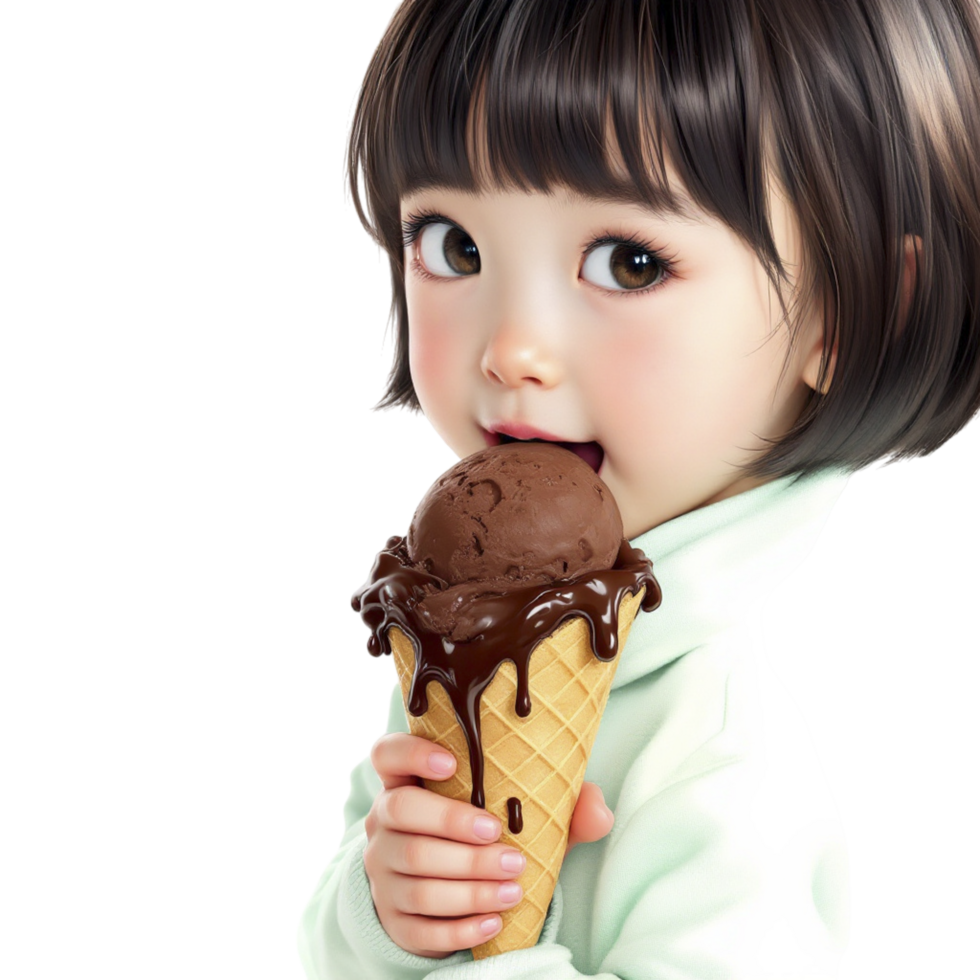 A little girl eating an ice cream cone with chocolate sauce png