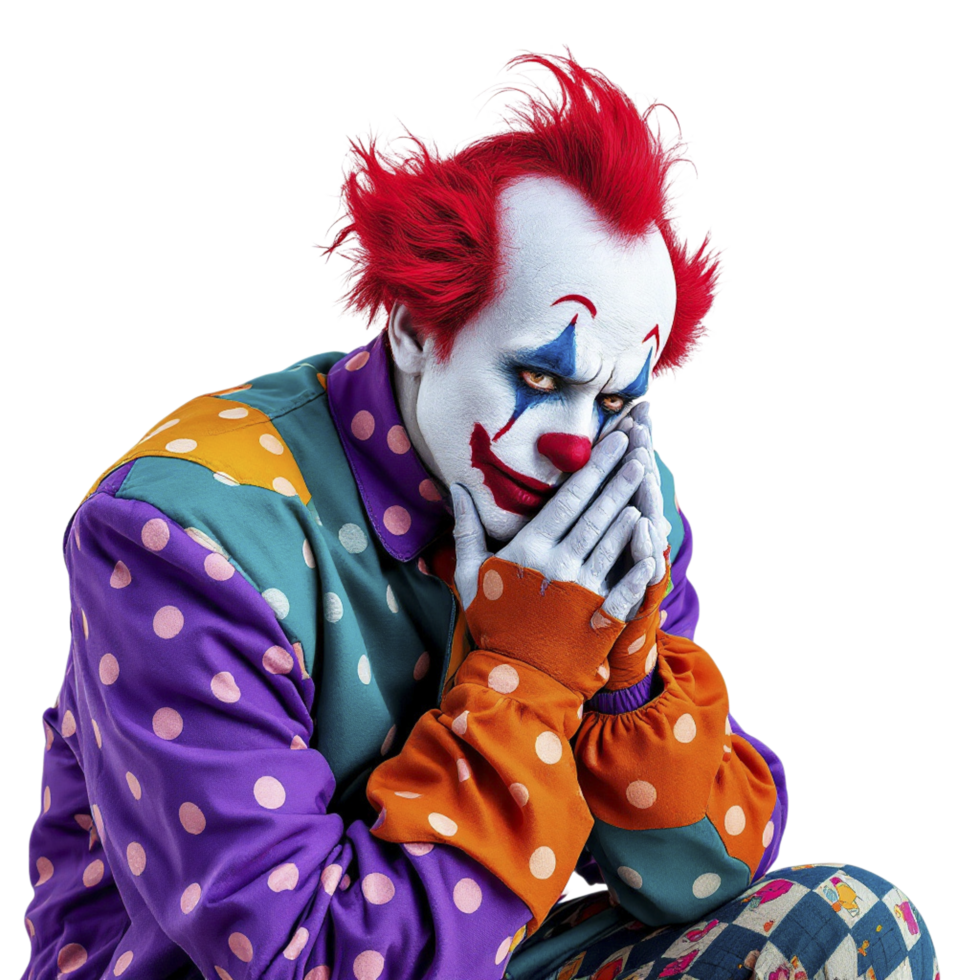 A clown sitting down with his hands on his face png