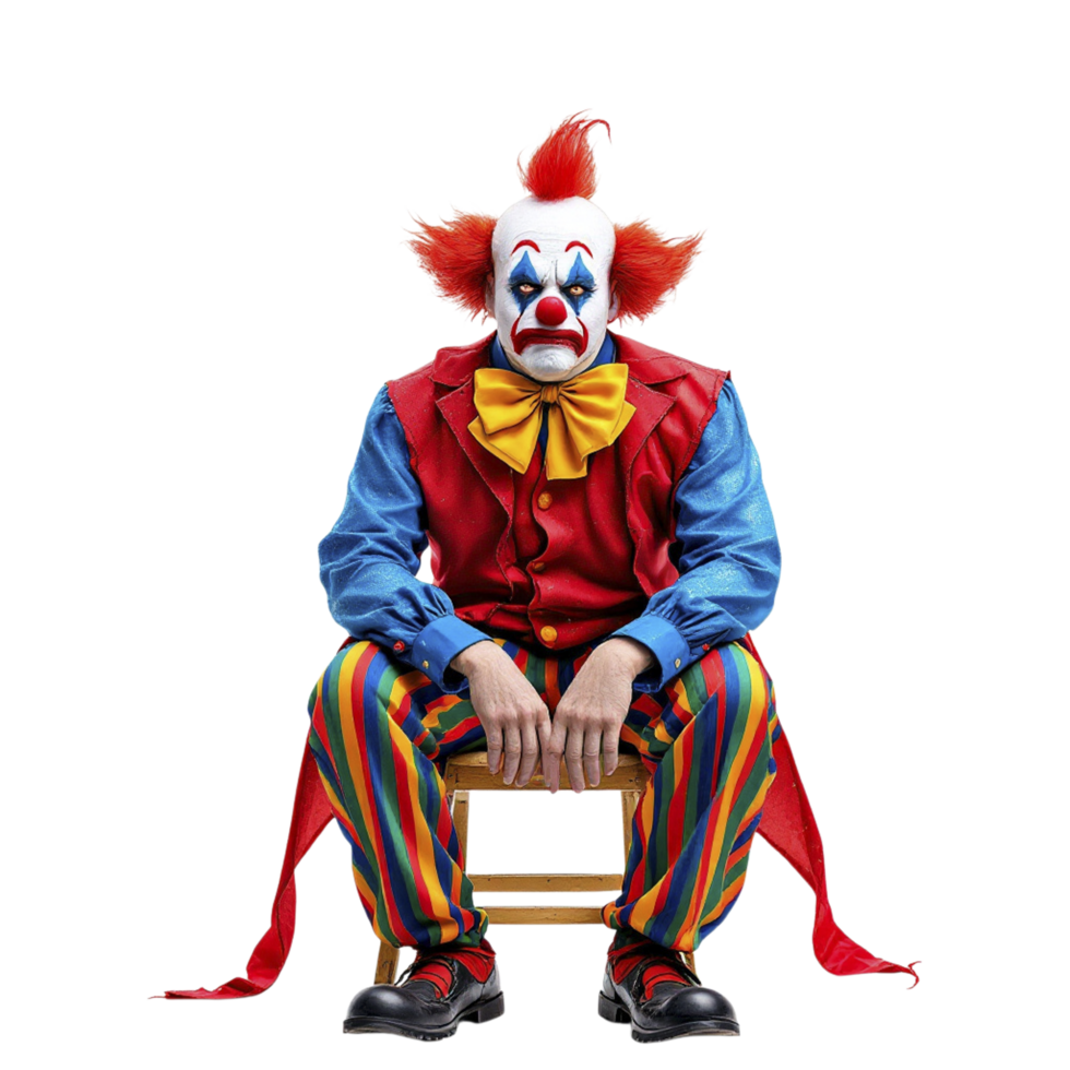 A clown sitting on a chair with his hands crossed png