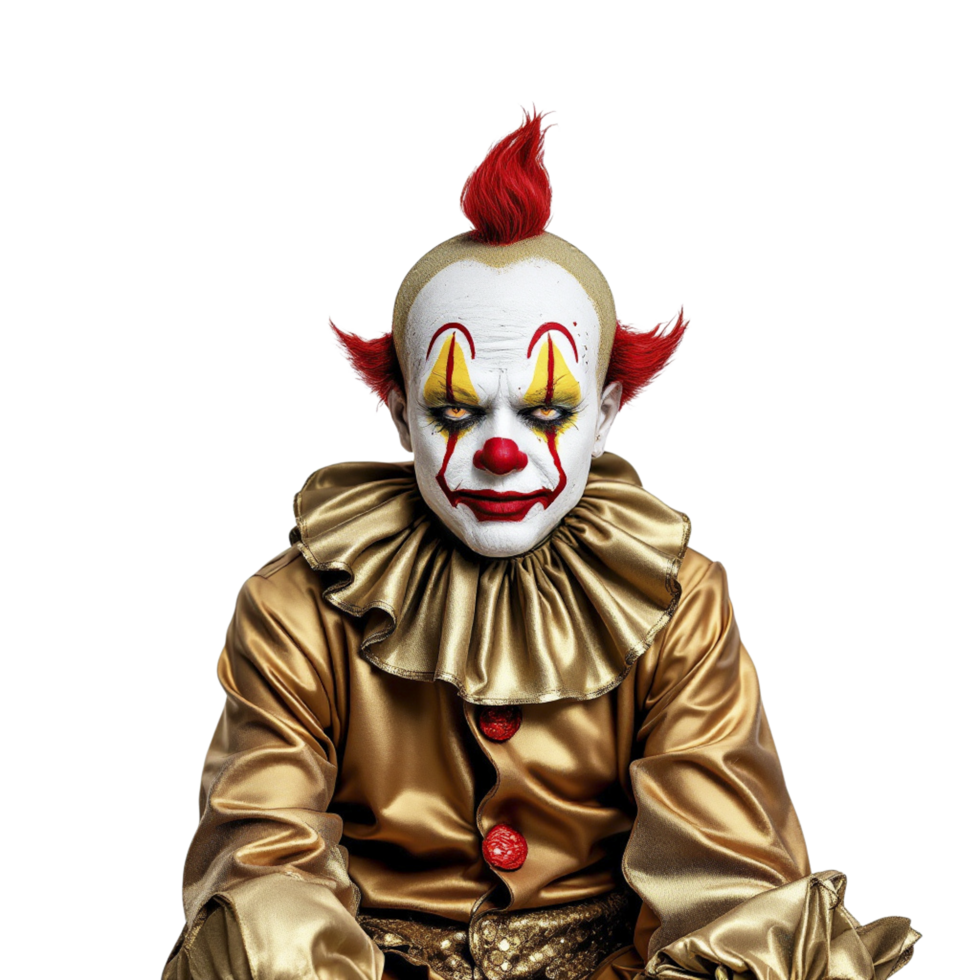 A clown in a gold costume sitting on a chair png