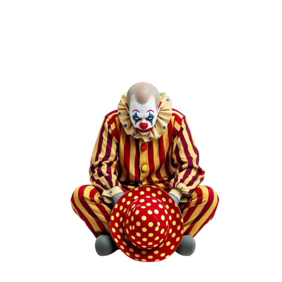 A clown sitting down with a red and yellow striped hat png