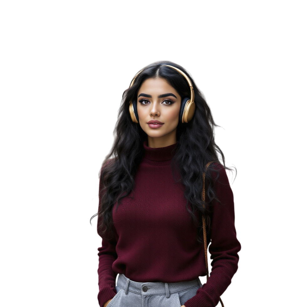 A woman wearing headphones and a maroon sweater png