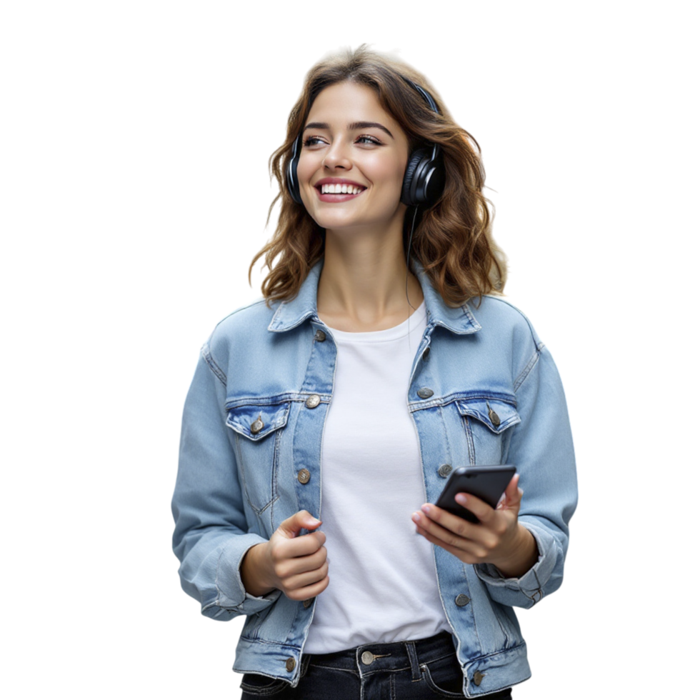 A woman wearing headphones and a denim jacket png