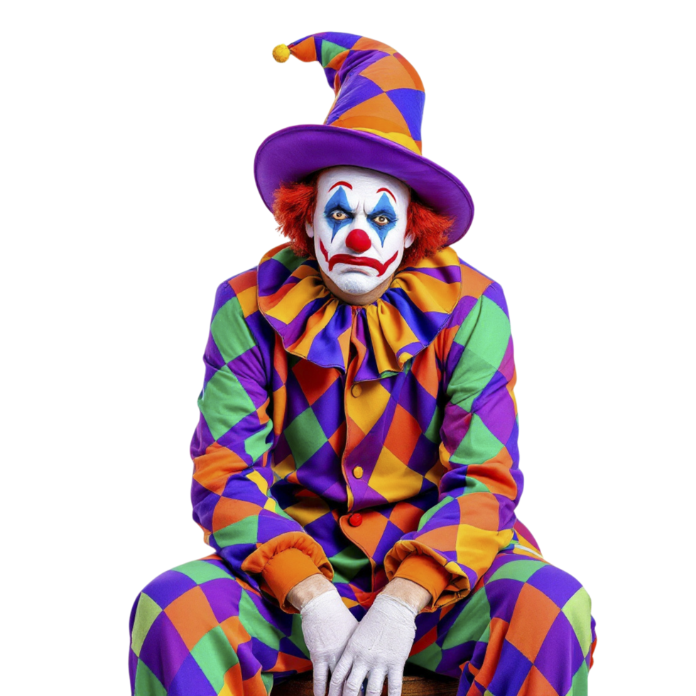 A clown sitting on a chair with a purple hat png