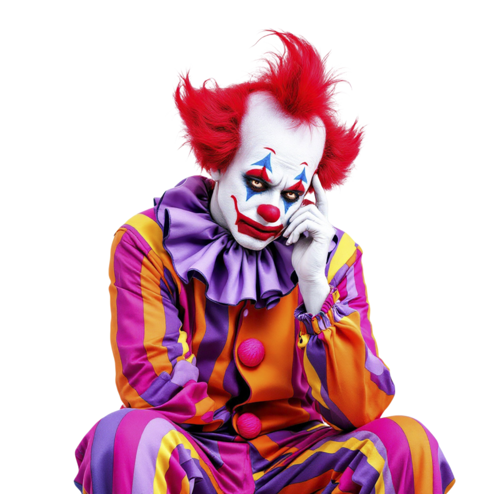 A clown sitting on the ground with his hand on his face png