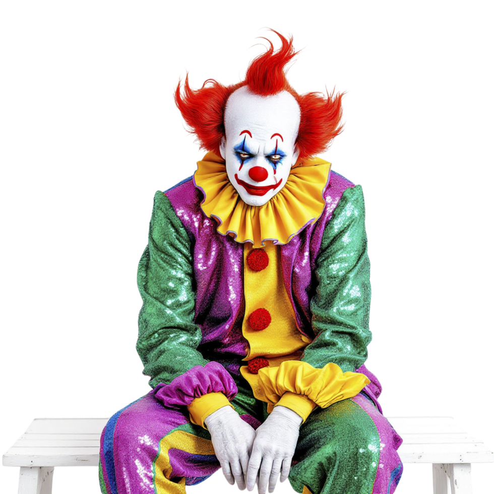A clown sitting on a white bench png