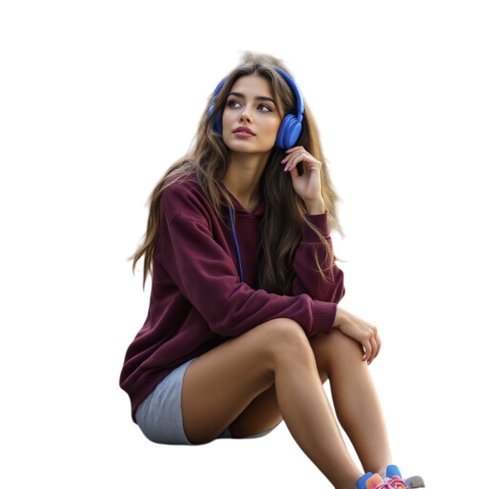 A woman sitting on the ground with headphones on png
