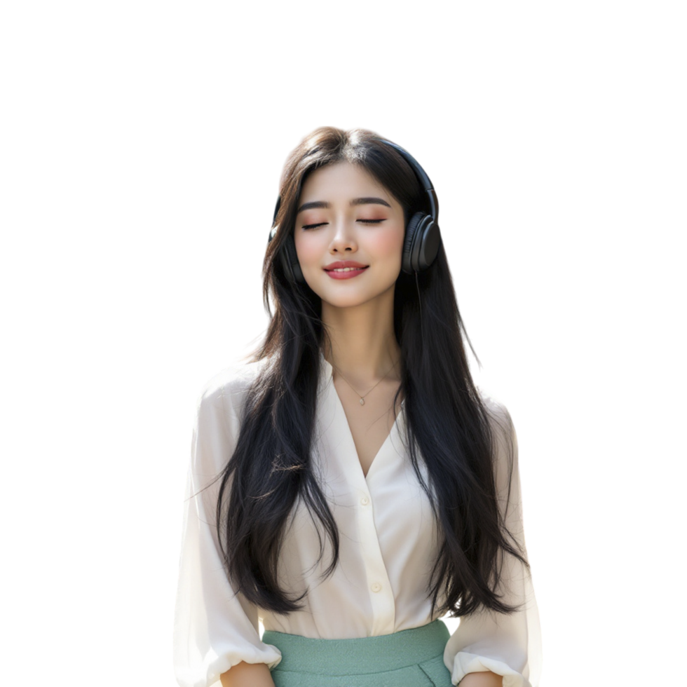 A woman wearing headphones and standing png