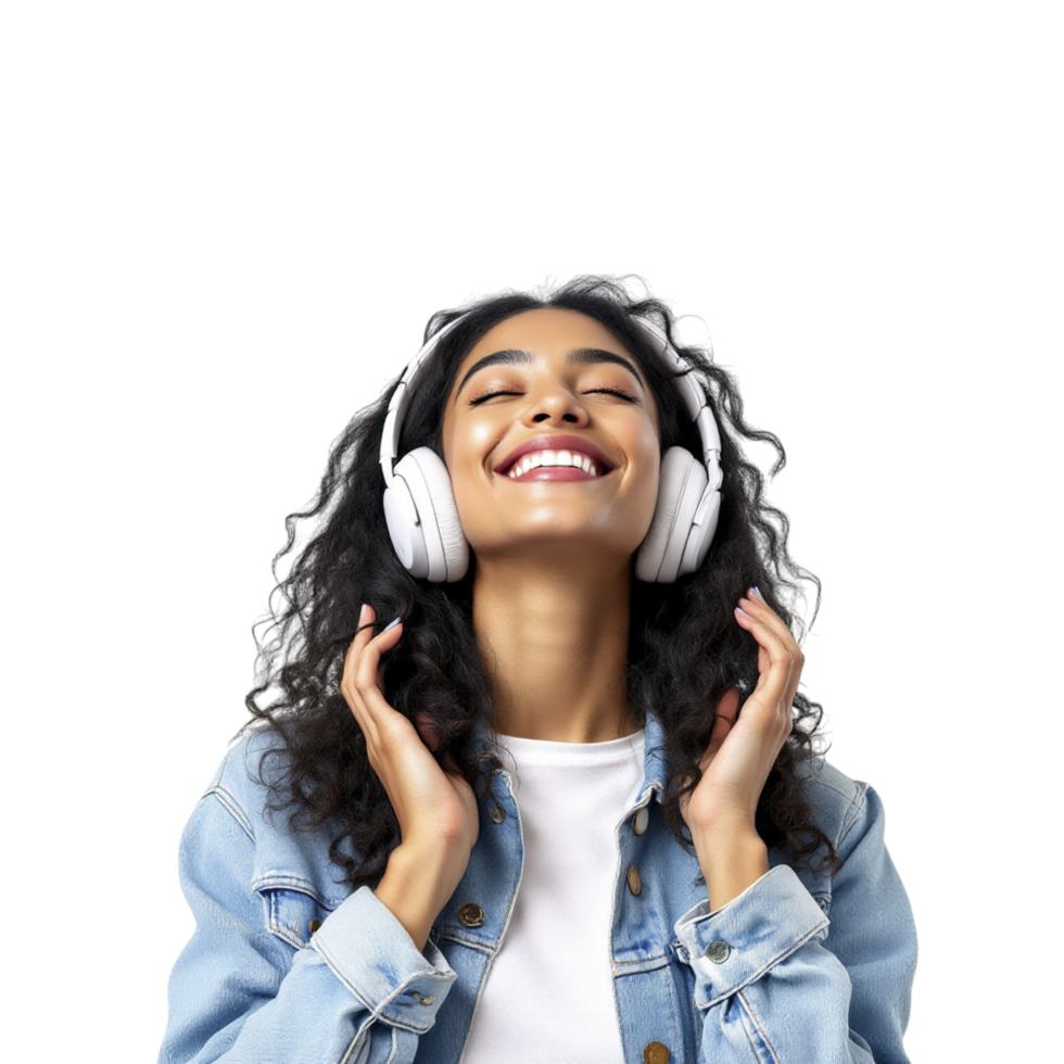 A woman listening to music with headphones png