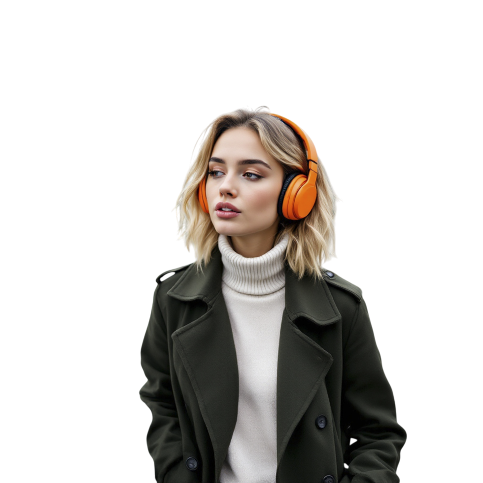 A woman wearing orange headphones and a green coat png