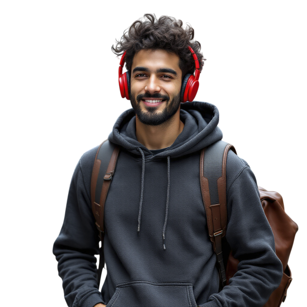A man with headphones and a backpack png