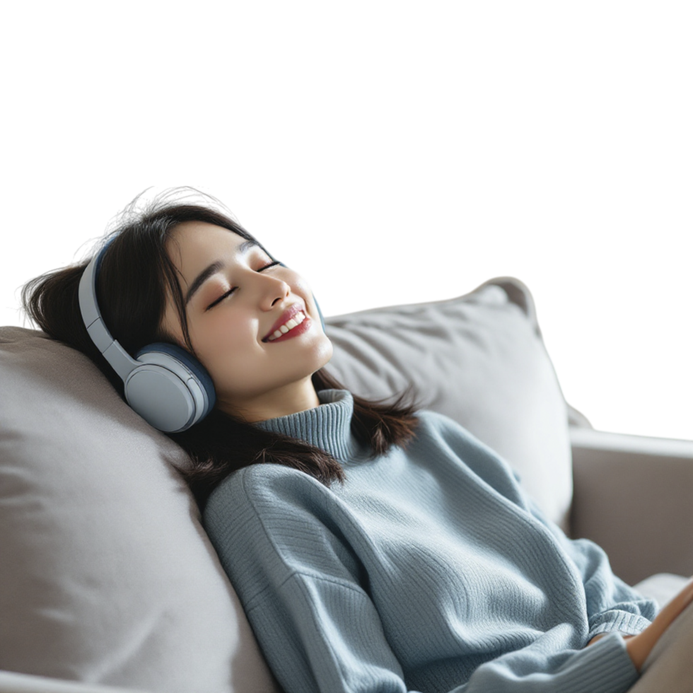 A woman wearing headphones and smiling while sitting on a couch png