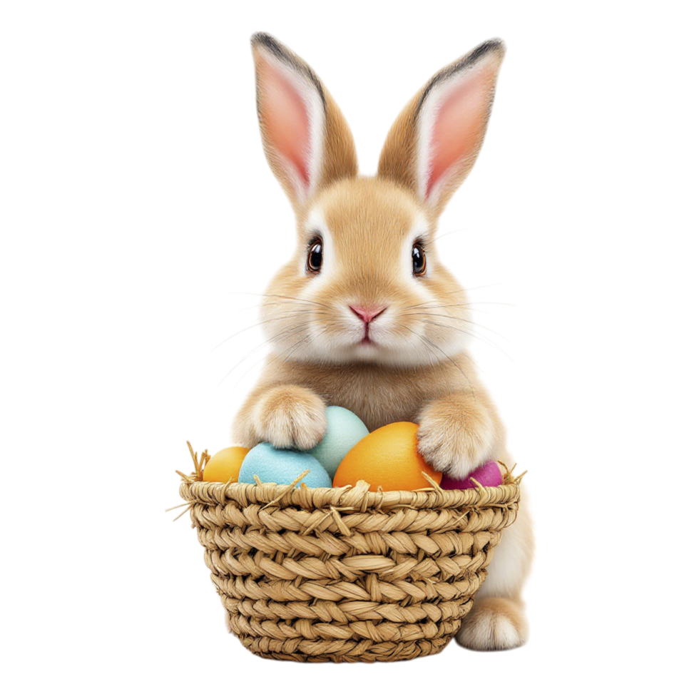 A brown rabbit is sitting in a basket with eggs png