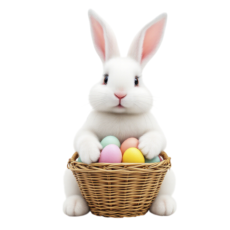 A white rabbit holding a basket full of colorful eggs png