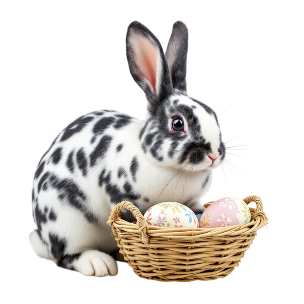 A black and white rabbit sitting in a basket with eggs png