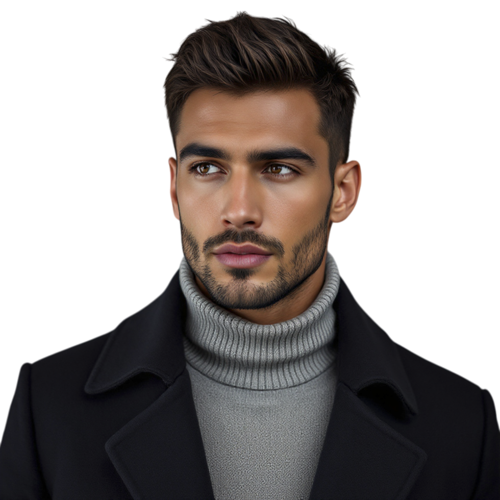 A man in a black coat and turtle neck sweater png