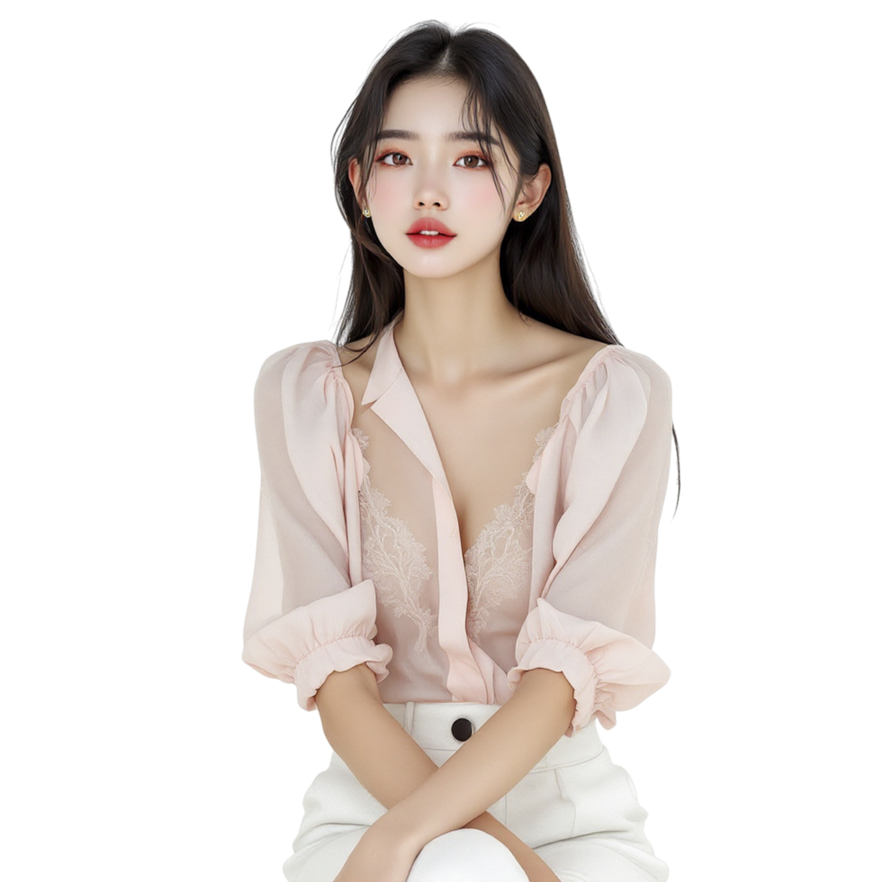 A woman in a pink blouse sitting on a chair png