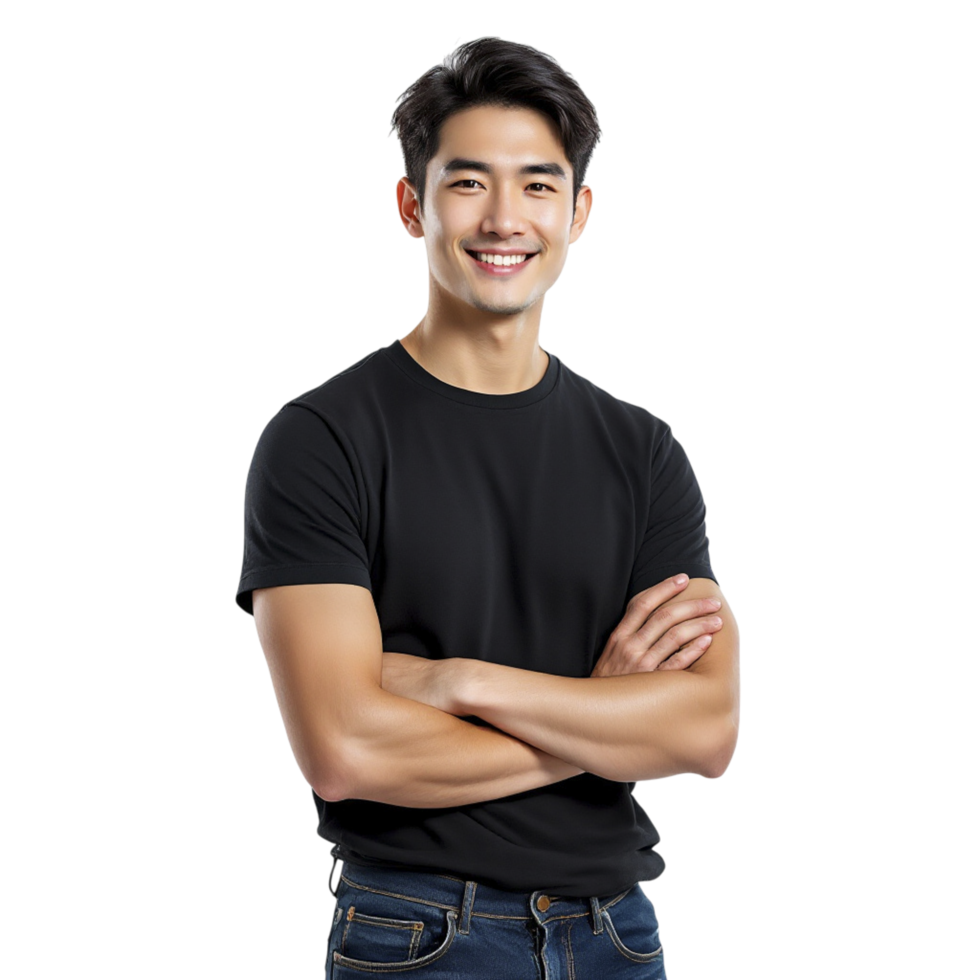 Asian man in black t-shirt standing with arms crossed png