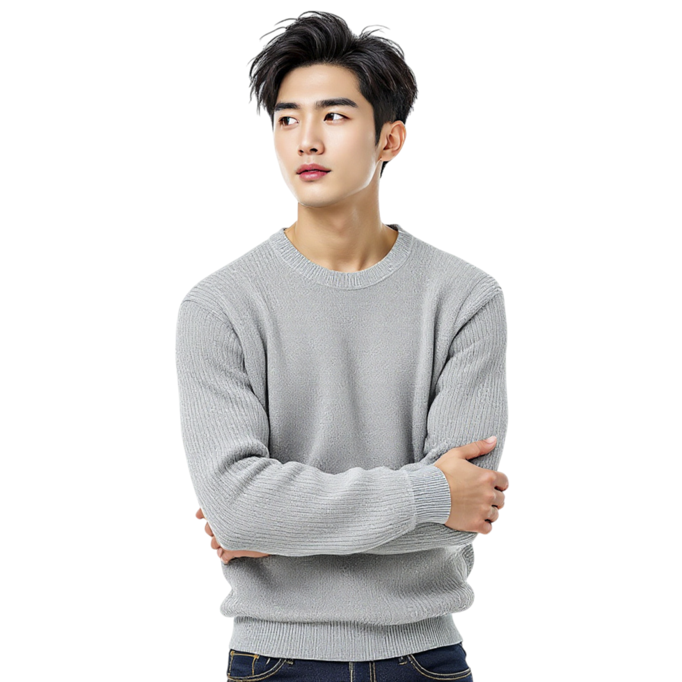 A man in a grey sweater standing with his arms crossed png
