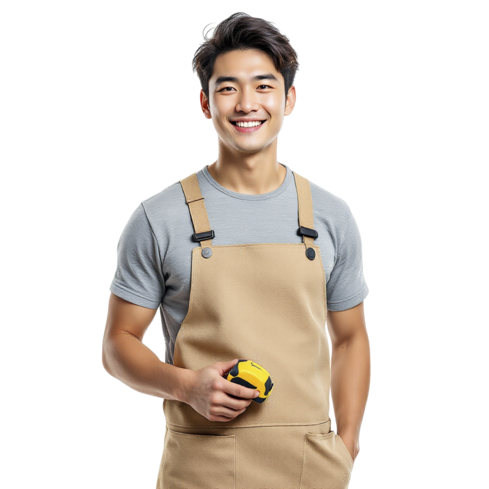 A young man in an apron holding a yellow tool png