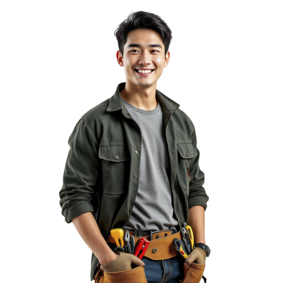 A young man in a green shirt and jeans holding a tool belt png