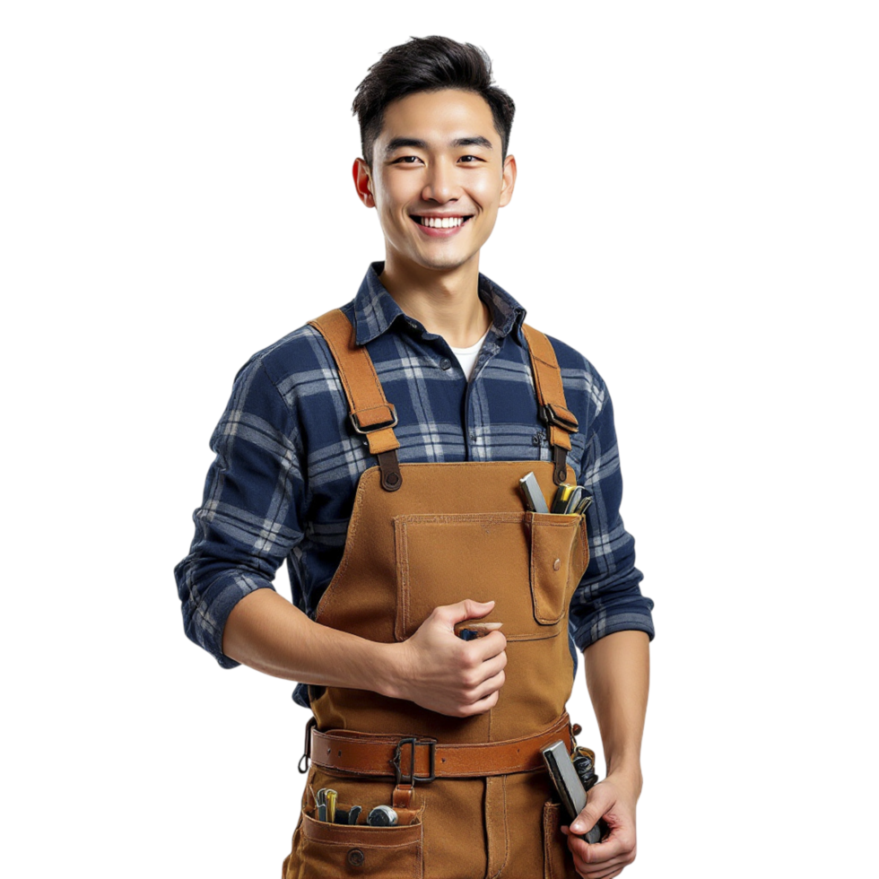 Asian male handyman with tool in hand png