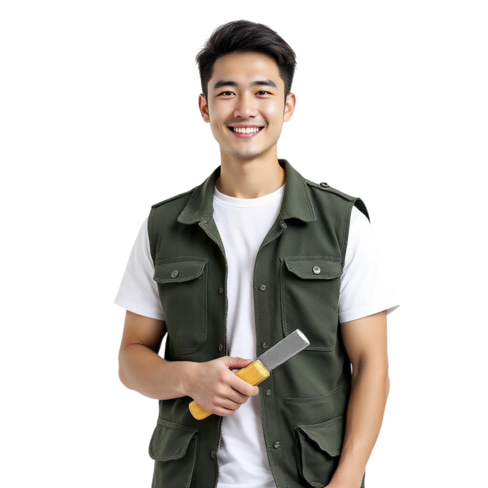 Asian man in green vest holding a tool png