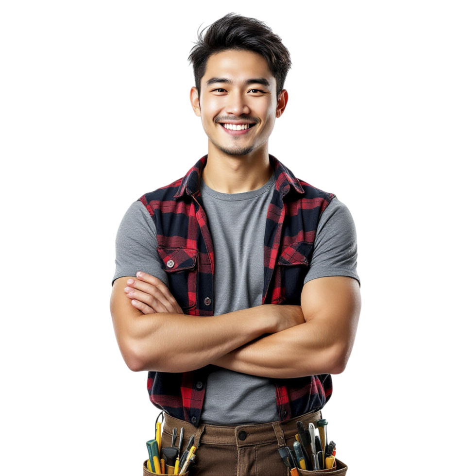 A young man in a plaid shirt and plaid vest holding a wrench png