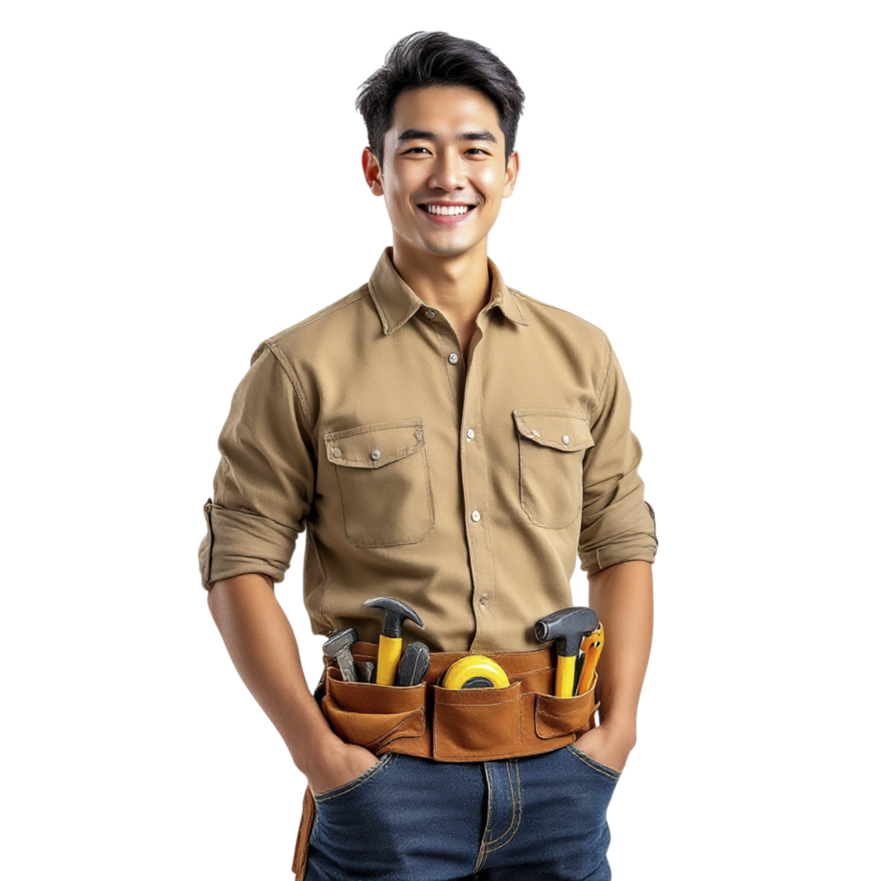 Asian male construction worker holding tools and smiling png