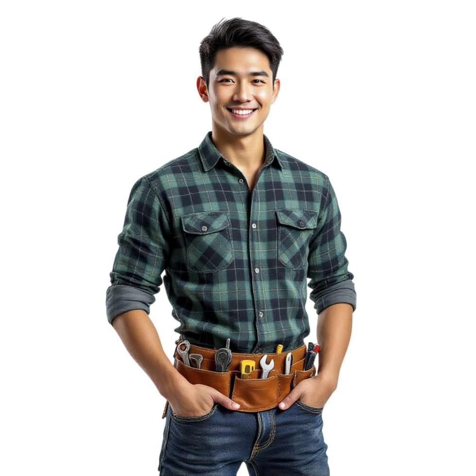 A young man in a plaid shirt and jeans holding a tool belt png