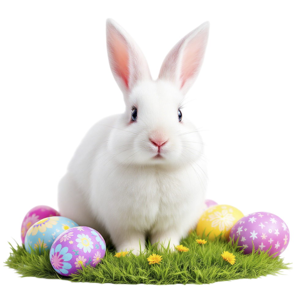 A white rabbit sitting in the grass with colorful eggs png