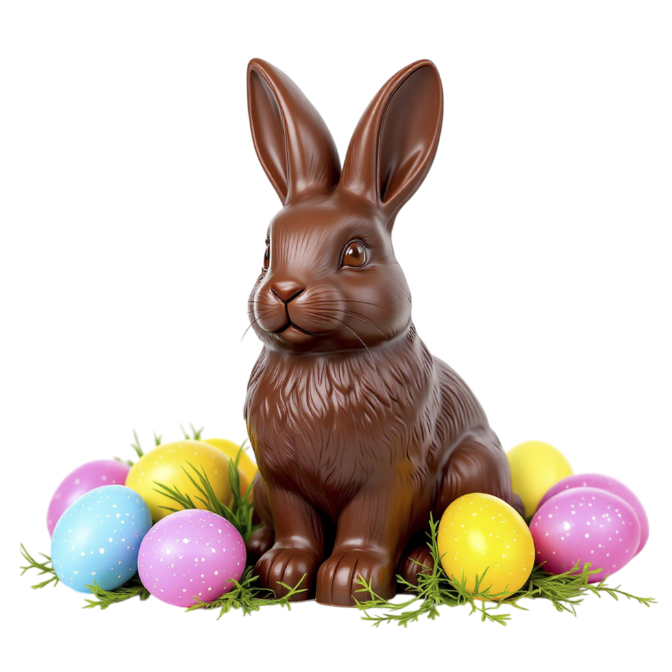 Chocolate easter bunny with colorful eggs png