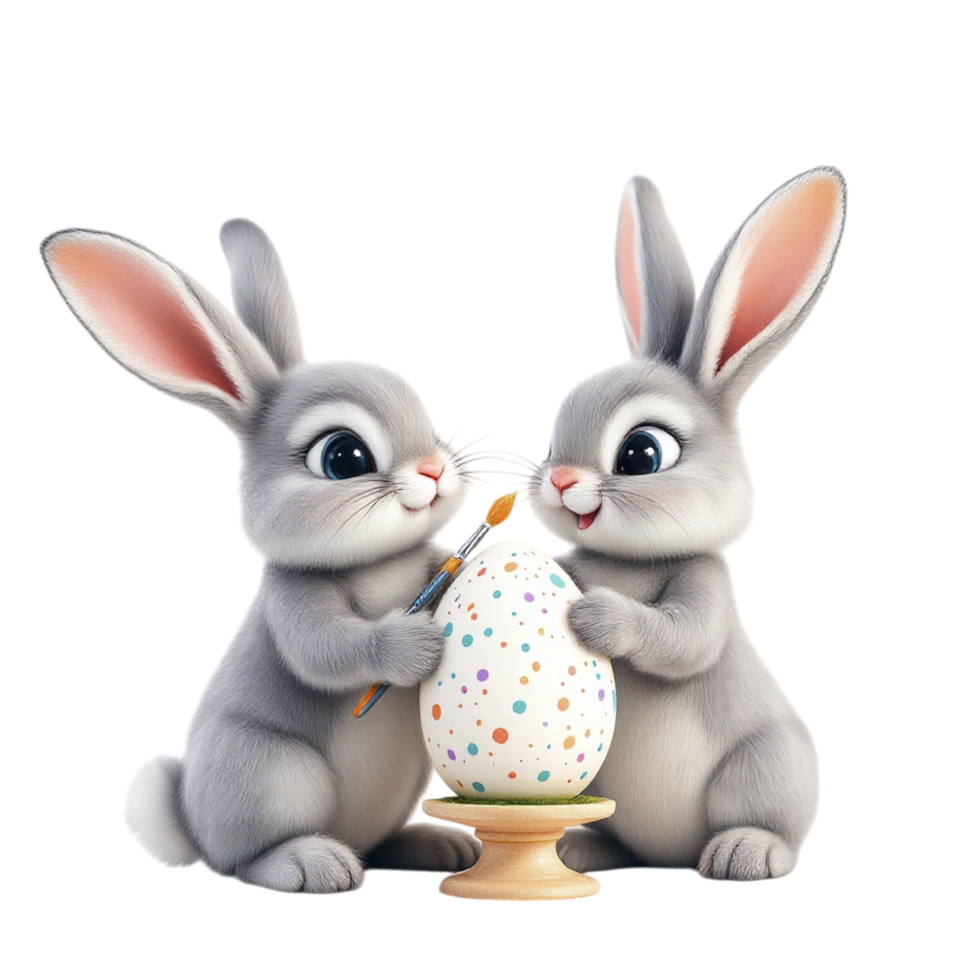 Two rabbits are painting an egg with a brush png