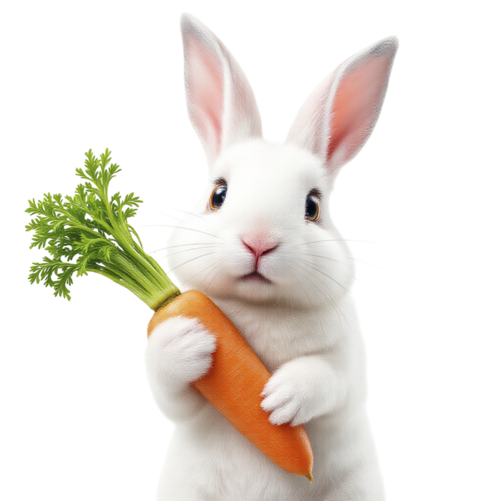A white rabbit holding a carrot on a black background png
