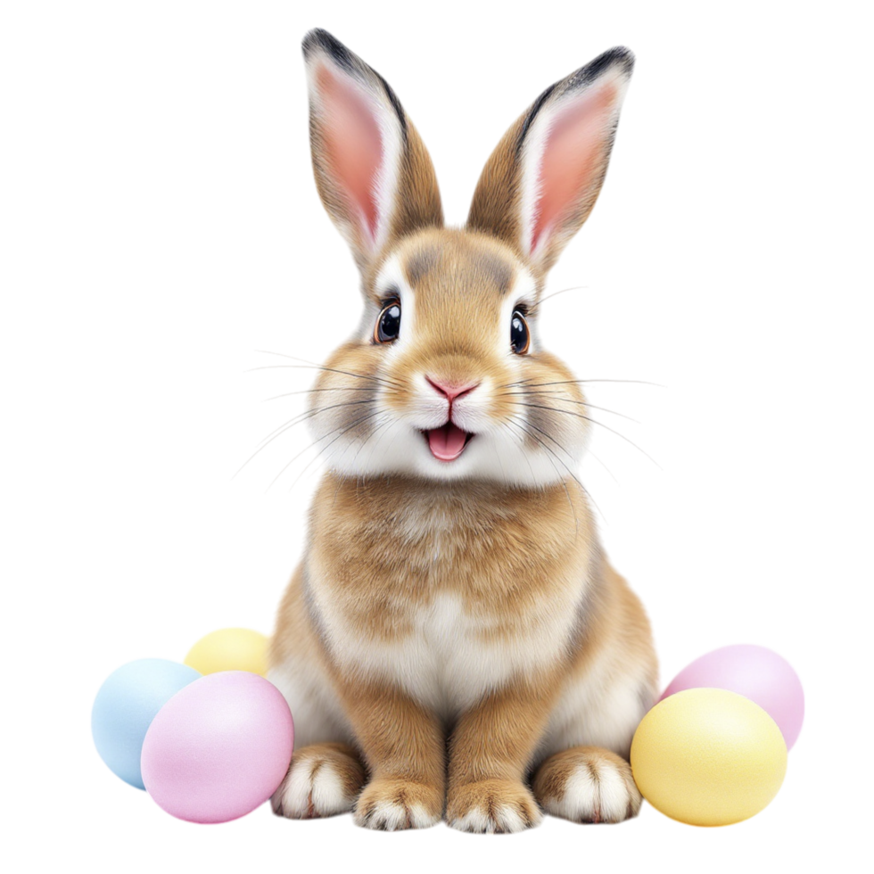 A brown rabbit sitting in front of a bunch of easter eggs png
