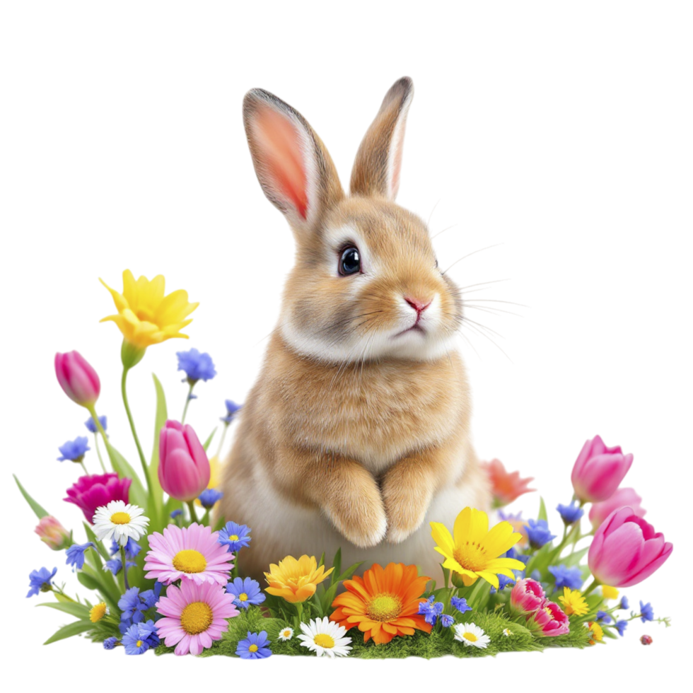 A bunny sitting in a field of flowers png