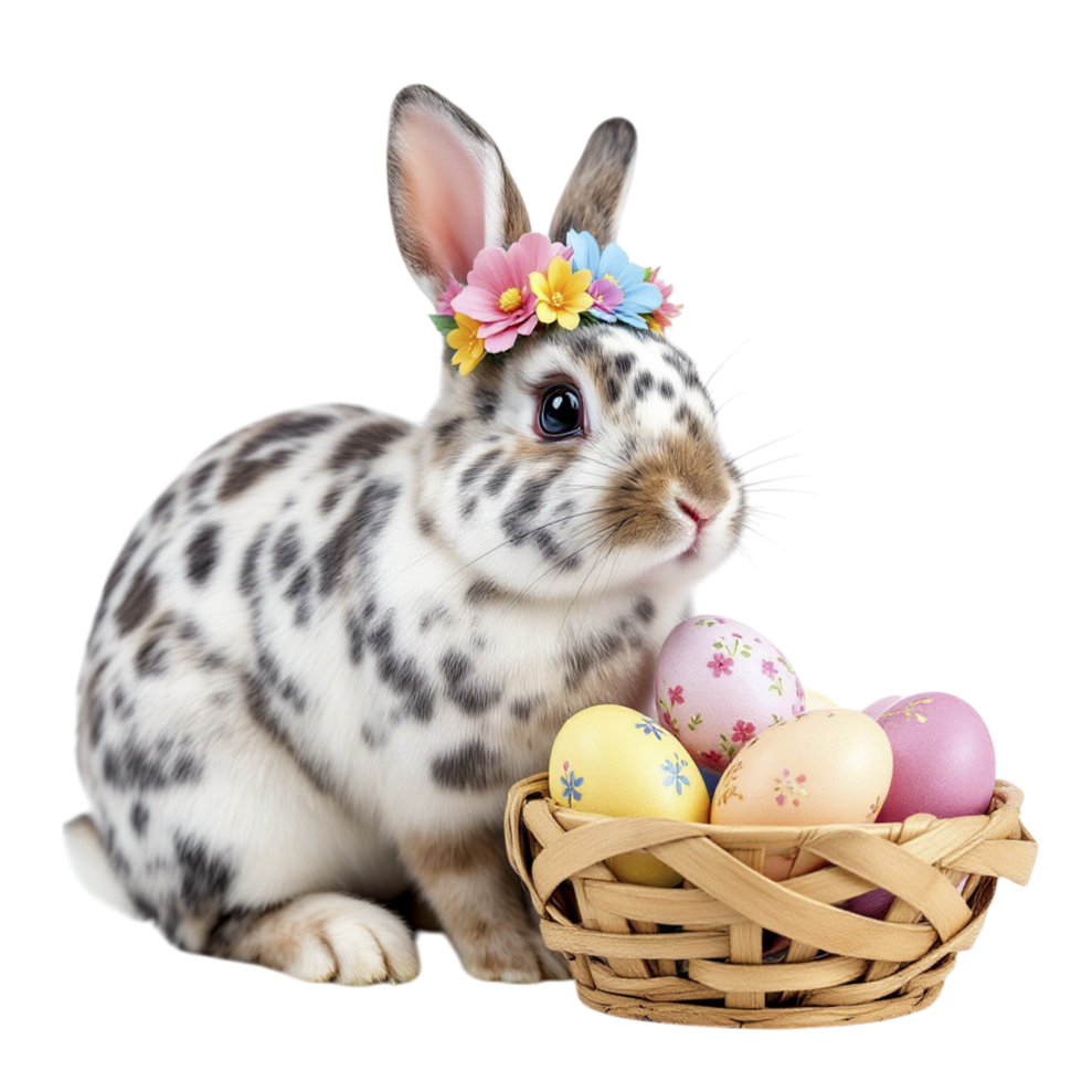 A rabbit with a flower in its hair is sitting in a basket with colorful eggs png