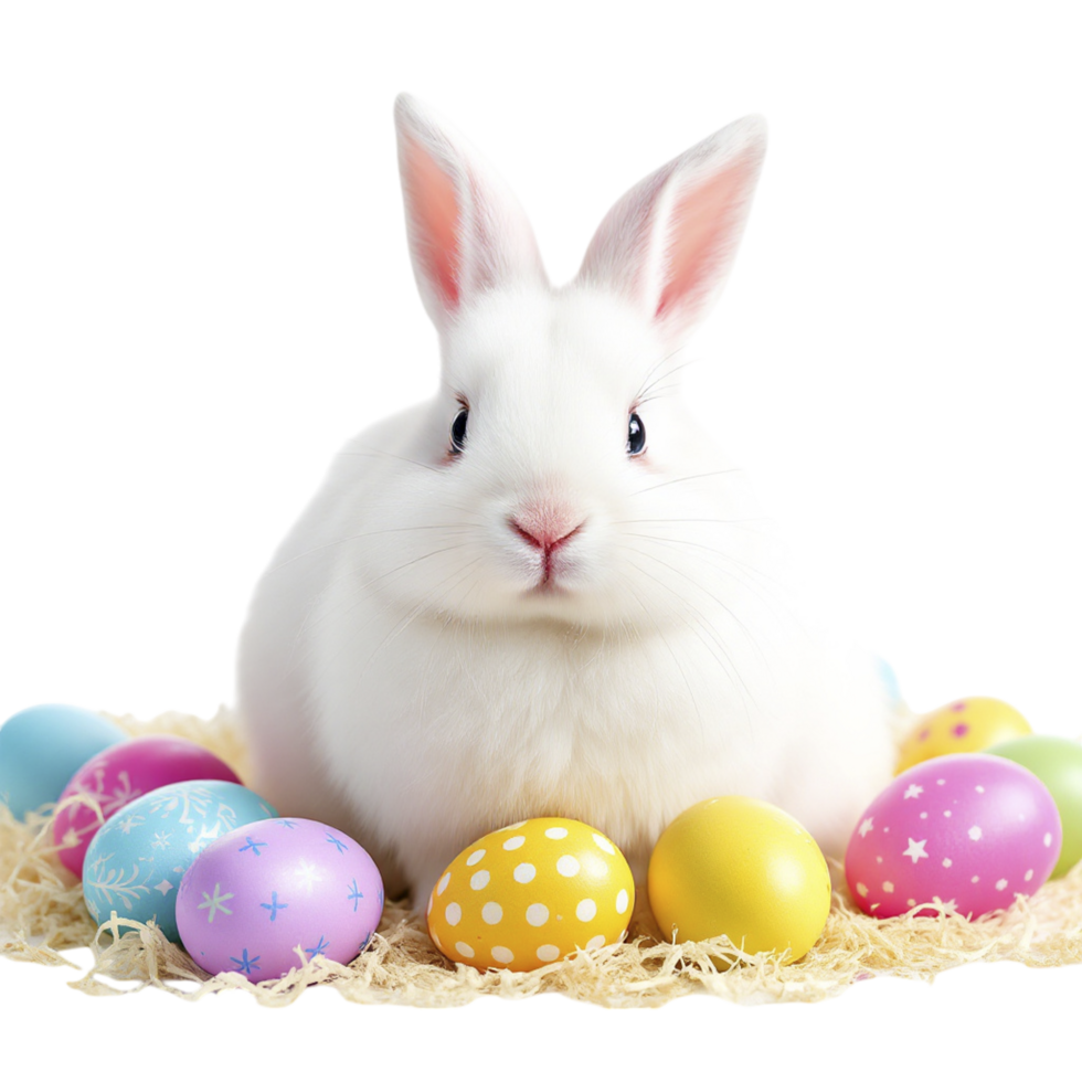 A white rabbit is sitting in a pile of colorful eggs png