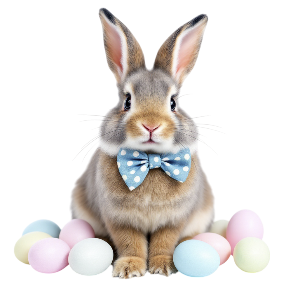 A rabbit with a bow tie sitting in front of a pile of easter eggs png
