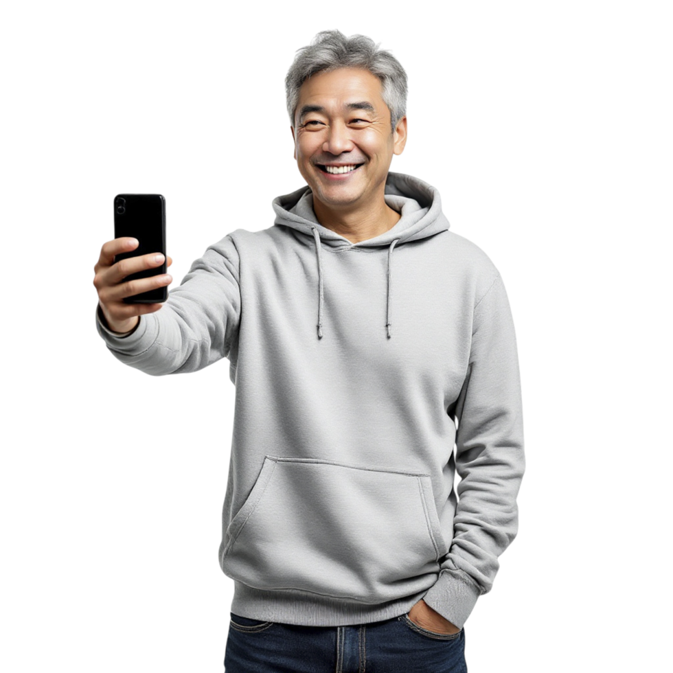 An asian man in a hoodie taking a selfie png
