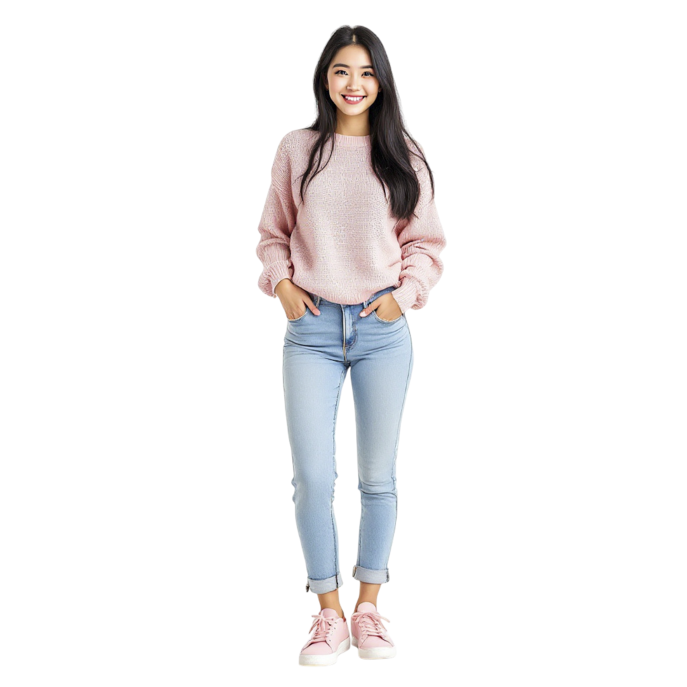 Asian woman in pink sweater and jeans standing against black background png