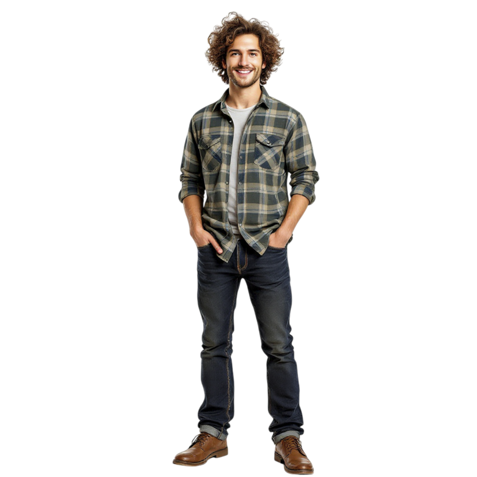 A man in a plaid shirt and jeans standing png