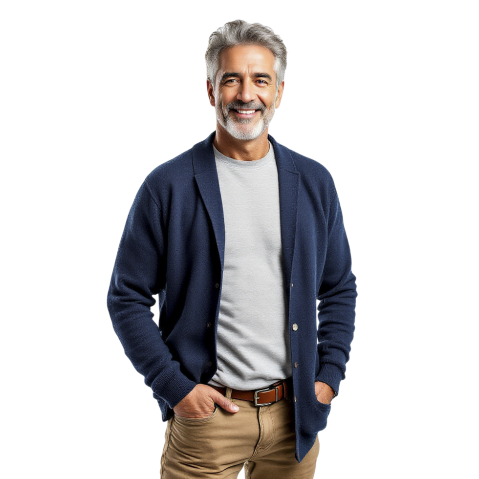 A man in a blue cardigan and khaki pants png